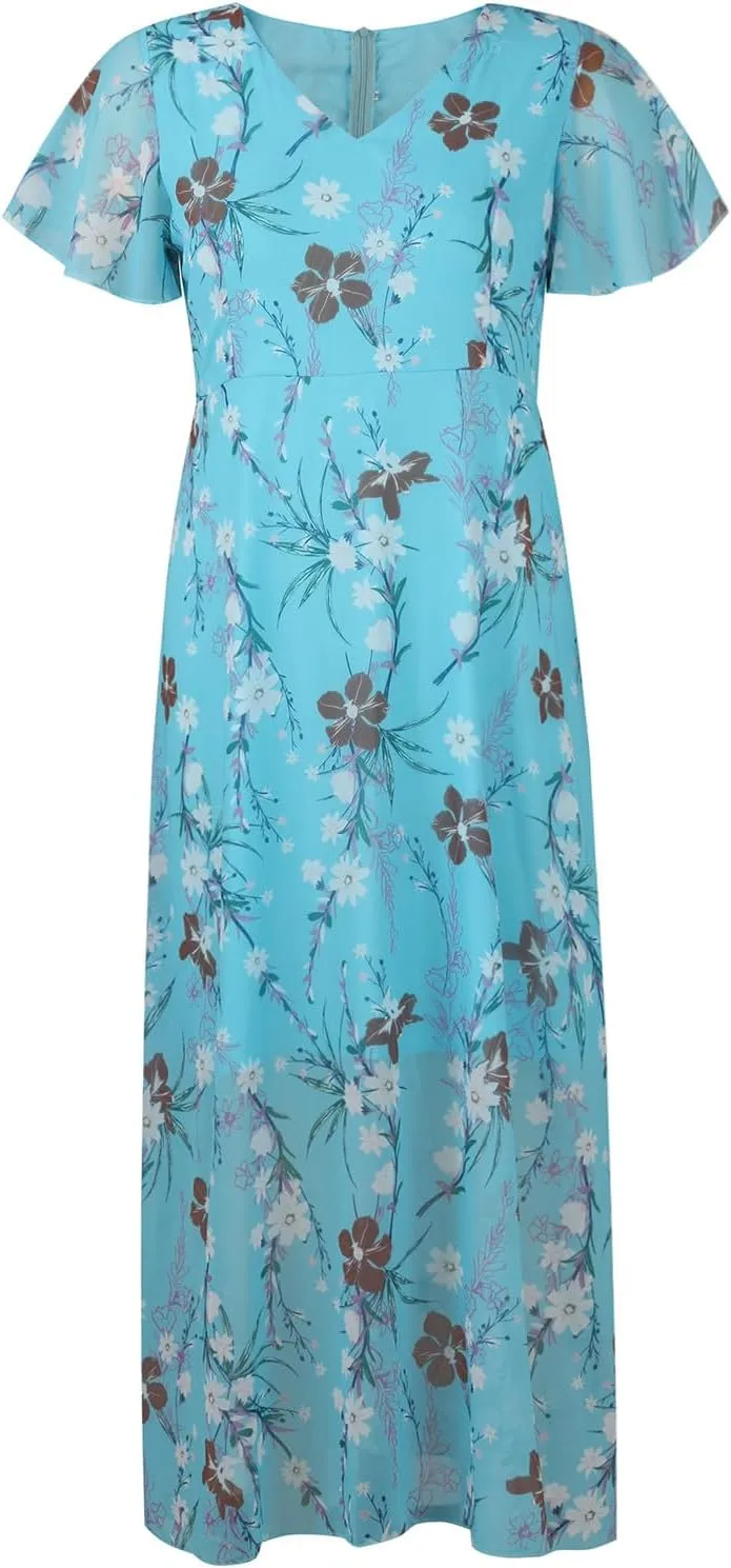 Floral Maxi Dresses for Women 2025 Summer Elegant Flutter Sleeve Long Flowy Dresses Trendy V Neck Chiffon Garden Party Dress