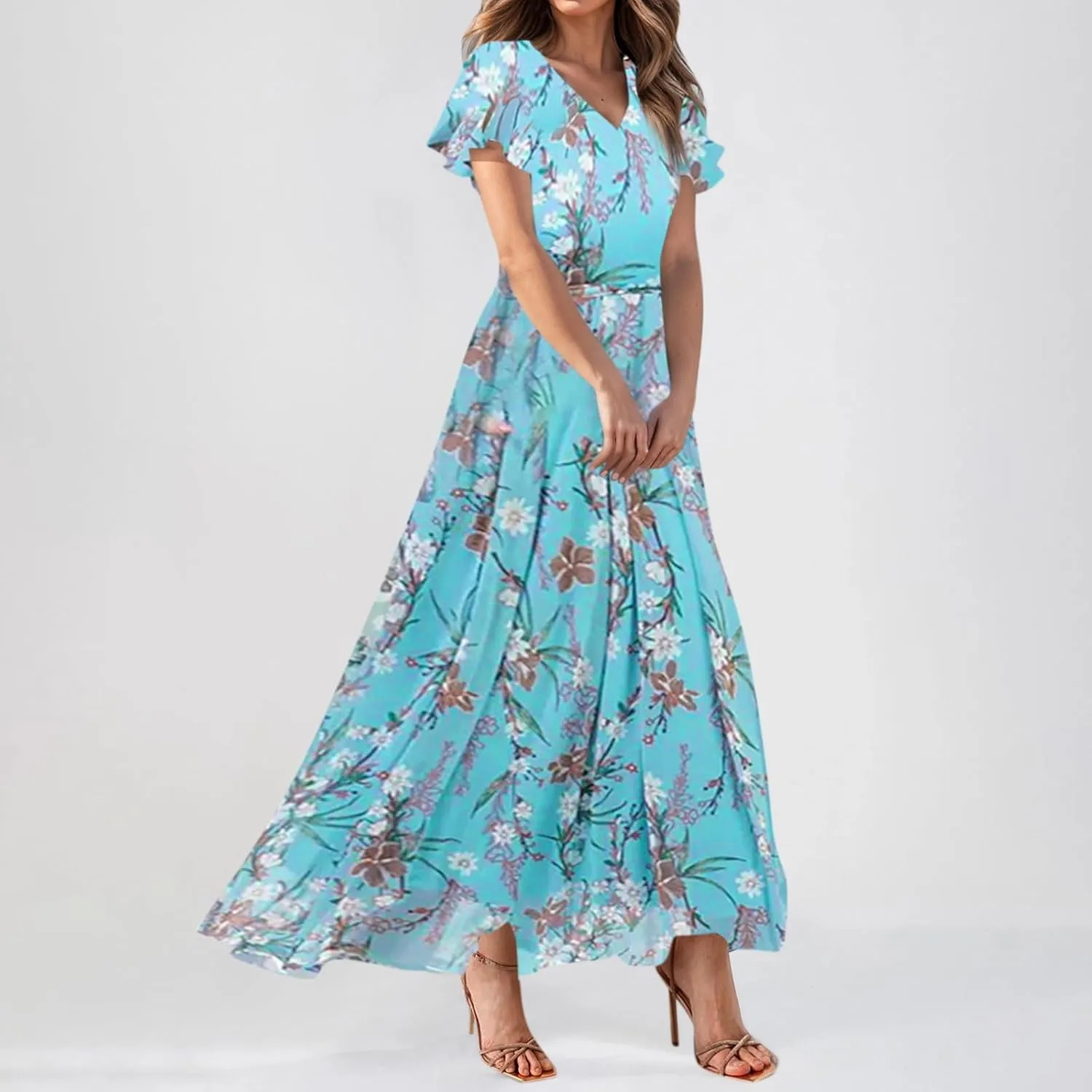 Floral Maxi Dresses for Women 2025 Summer Elegant Flutter Sleeve Long Flowy Dresses Trendy V Neck Chiffon Garden Party Dress