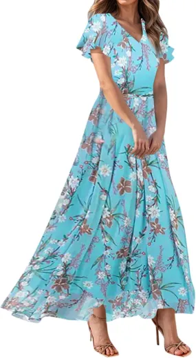 Floral Maxi Dresses for Women 2025 Summer Elegant Flutter Sleeve Long Flowy Dresses Trendy V Neck Chiffon Garden Party Dress