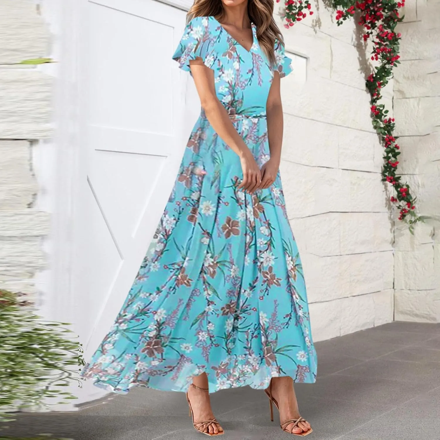 Floral Maxi Dresses for Women 2025 Summer Elegant Flutter Sleeve Long Flowy Dresses Trendy V Neck Chiffon Garden Party Dress