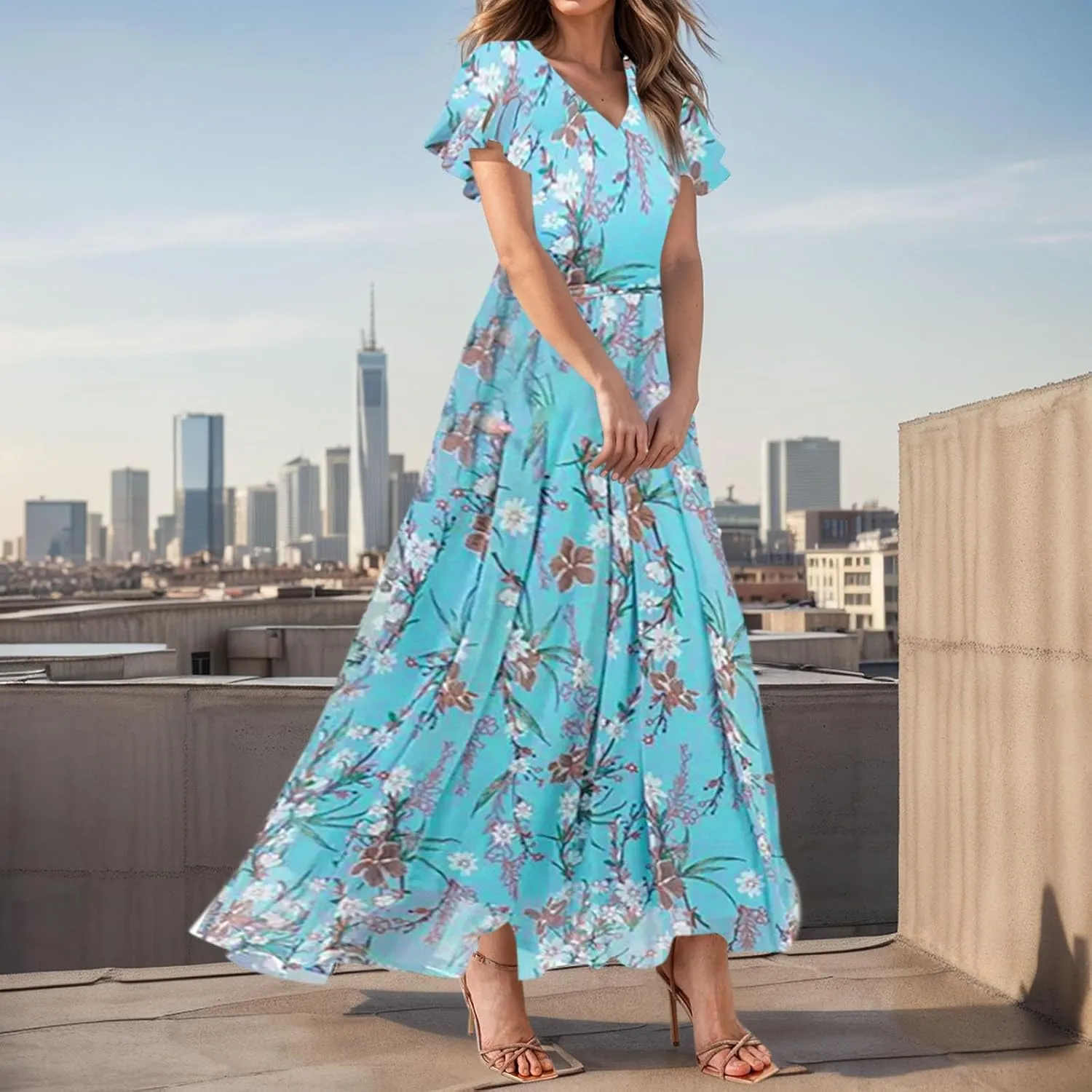 Floral Maxi Dresses for Women 2025 Summer Elegant Flutter Sleeve Long Flowy Dresses Trendy V Neck Chiffon Garden Party Dress