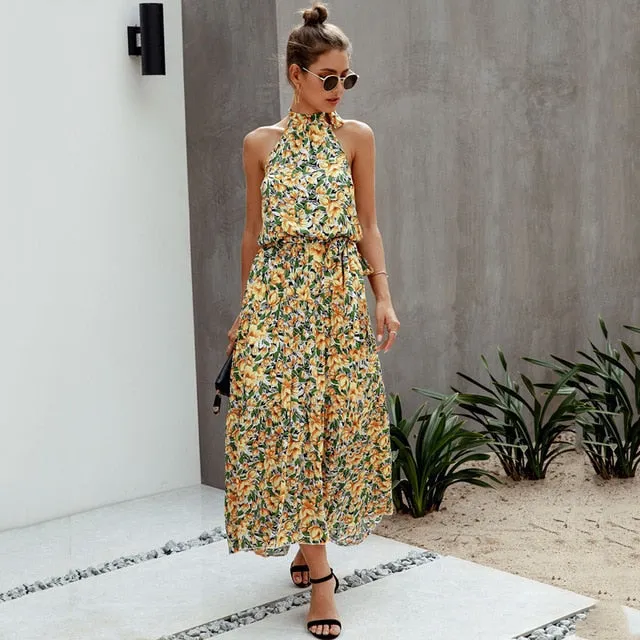 Halter Polka Dot Print Backless Cotton Maxi Dress