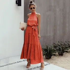 Halter Polka Dot Print Backless Cotton Maxi Dress