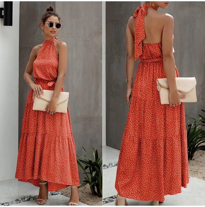 Halter Polka Dot Print Backless Cotton Maxi Dress