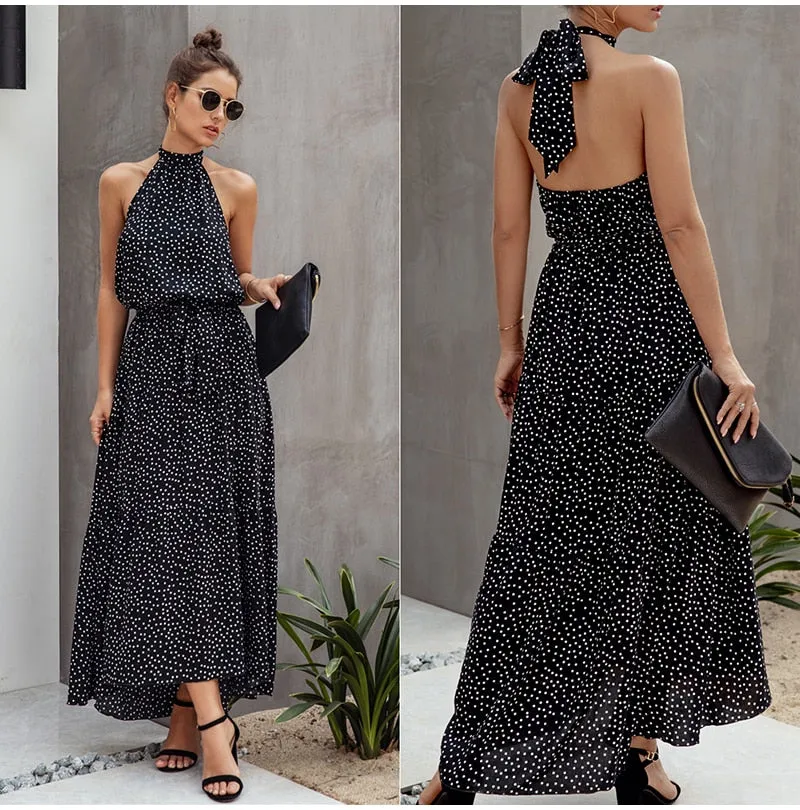 Halter Polka Dot Print Backless Cotton Maxi Dress