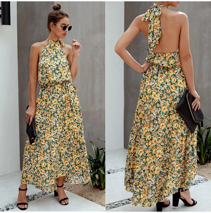 Halter Polka Dot Print Backless Cotton Maxi Dress