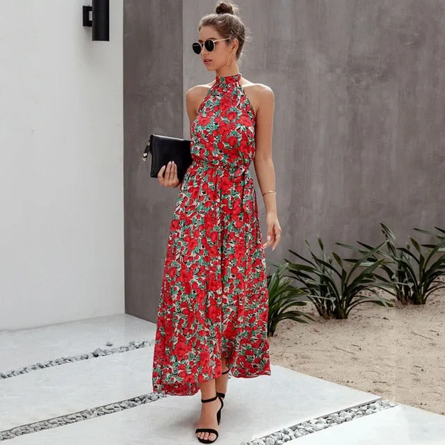 Halter Polka Dot Print Backless Cotton Maxi Dress