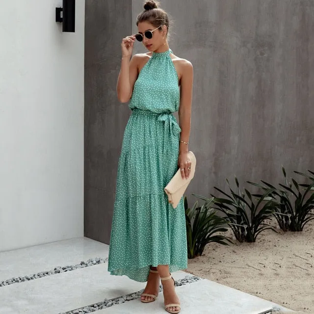 Halter Polka Dot Print Backless Cotton Maxi Dress