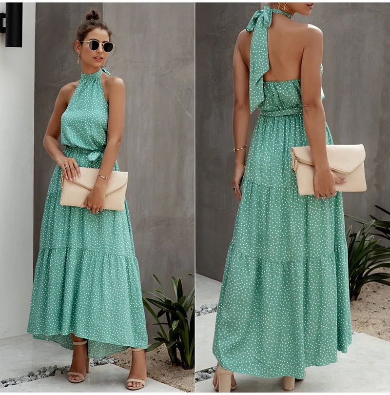 Halter Polka Dot Print Backless Cotton Maxi Dress