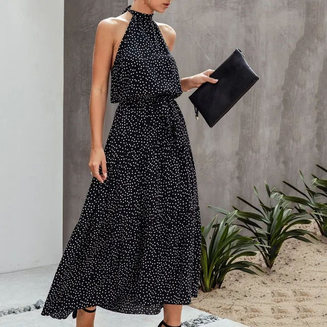 Halter Polka Dot Print Backless Cotton Maxi Dress