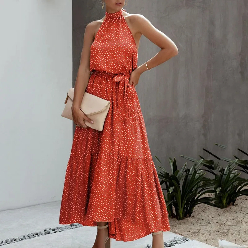 Halter Polka Dot Print Backless Cotton Maxi Dress