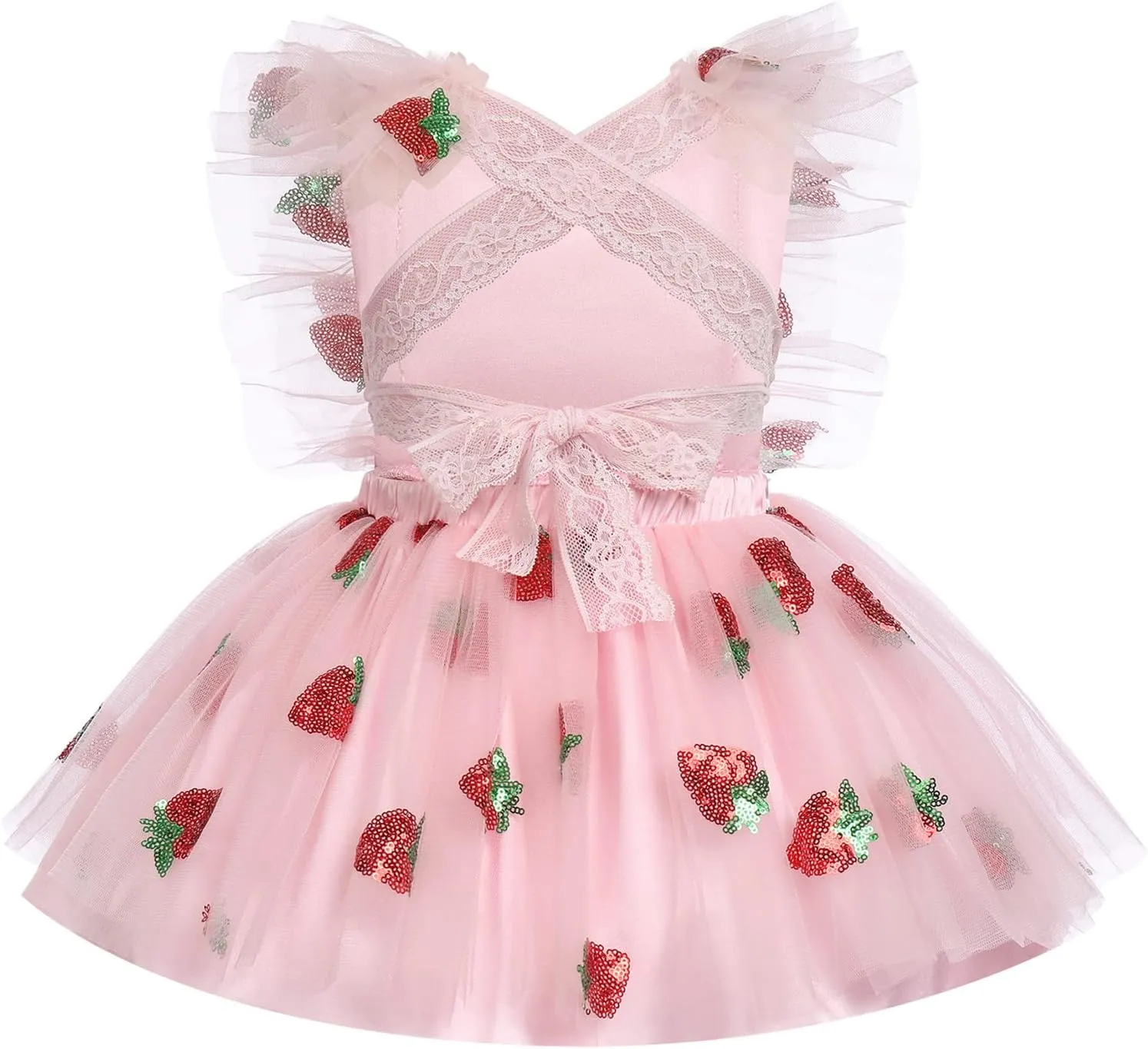 IDOPIP Baby Girls Sequin Strawberry Cherry Tutu Dress Summer Backless Lace Princess Birthday Party Dress with Headband Outfit