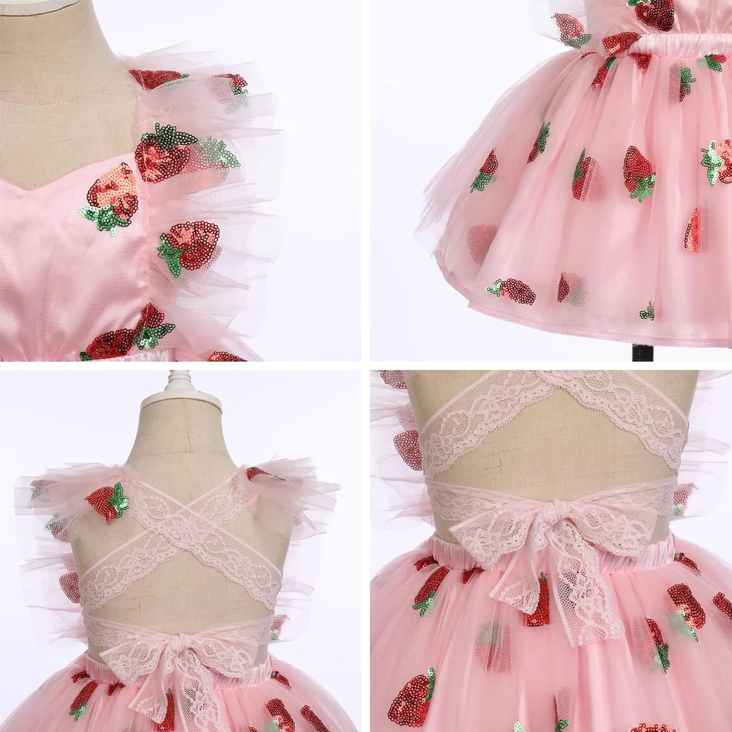 IDOPIP Baby Girls Sequin Strawberry Cherry Tutu Dress Summer Backless Lace Princess Birthday Party Dress with Headband Outfit