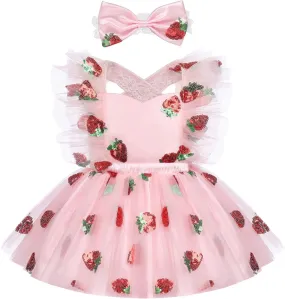 IDOPIP Baby Girls Sequin Strawberry Cherry Tutu Dress Summer Backless Lace Princess Birthday Party Dress with Headband Outfit