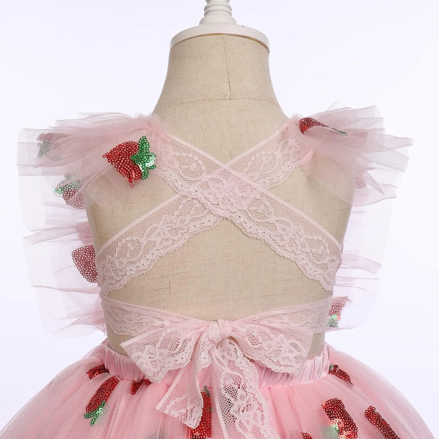 IDOPIP Baby Girls Sequin Strawberry Cherry Tutu Dress Summer Backless Lace Princess Birthday Party Dress with Headband Outfit
