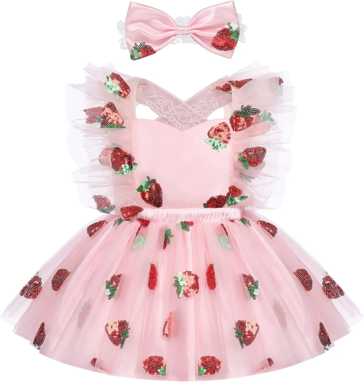 IDOPIP Baby Girls Sequin Strawberry Cherry Tutu Dress Summer Backless Lace Princess Birthday Party Dress with Headband Outfit