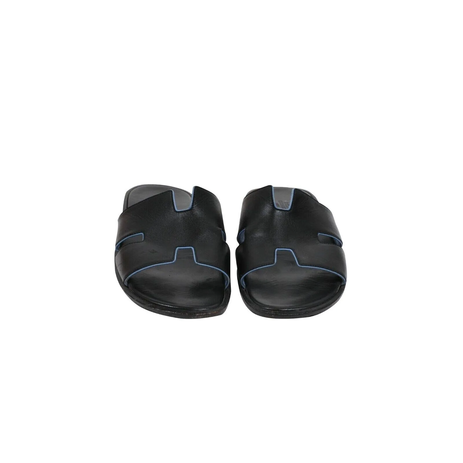 Izmir Sandals Black Blue Leather Slides H Logo Slippers