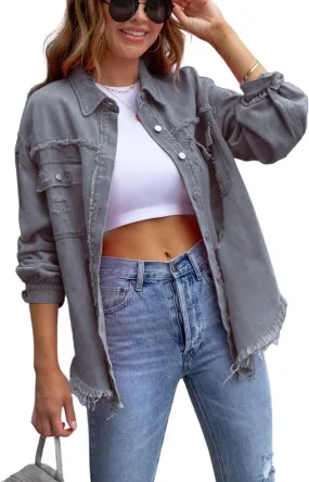 Kwoki Women's Ripped Distressed Denim Jacket Long Sleeve Oversized Raw Hem Jean Trucker Jackets Coat