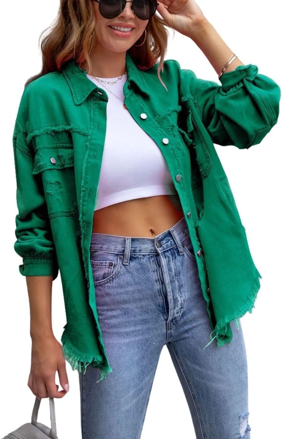 Kwoki Women's Ripped Distressed Denim Jacket Long Sleeve Oversized Raw Hem Jean Trucker Jackets Coat