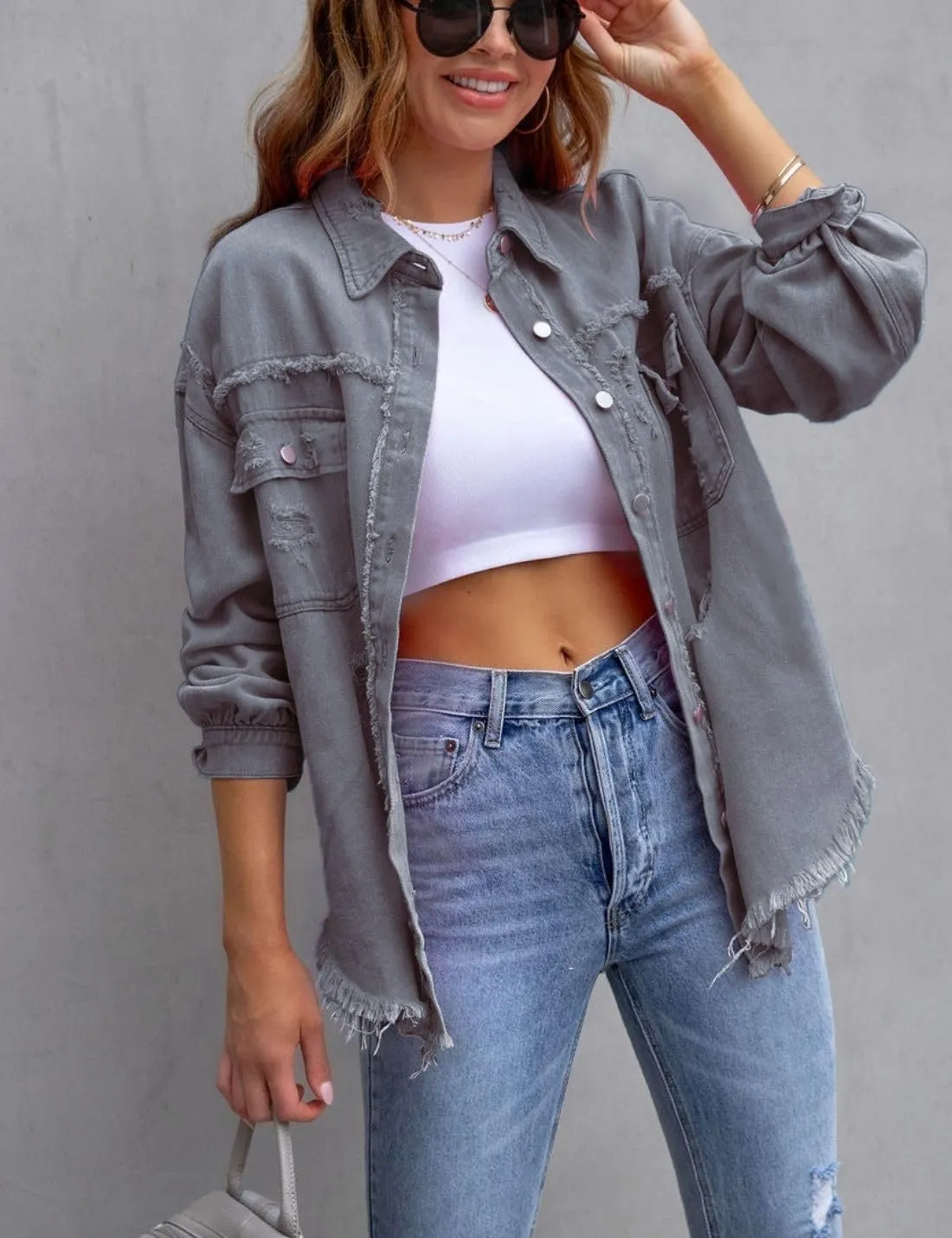 Kwoki Women's Ripped Distressed Denim Jacket Long Sleeve Oversized Raw Hem Jean Trucker Jackets Coat
