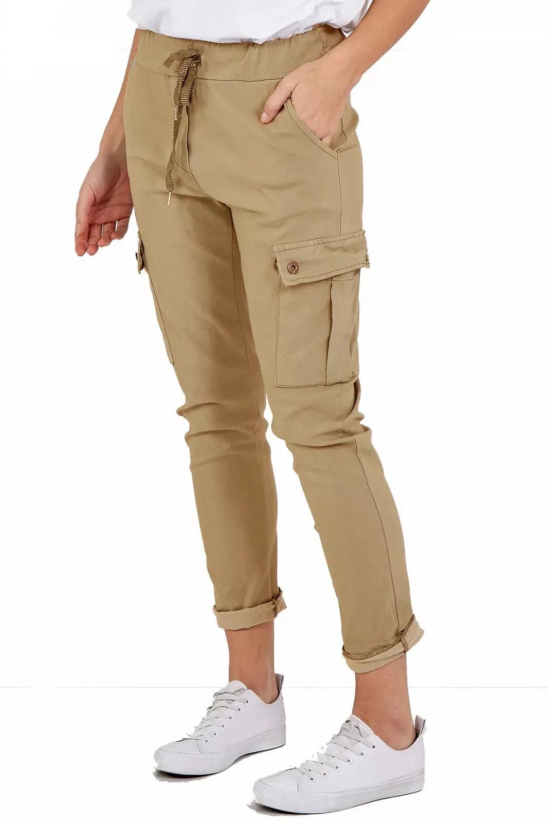 Ladies Magic Super Stretch Cargo Trousers Joggers Womens Plain Pocket Pant