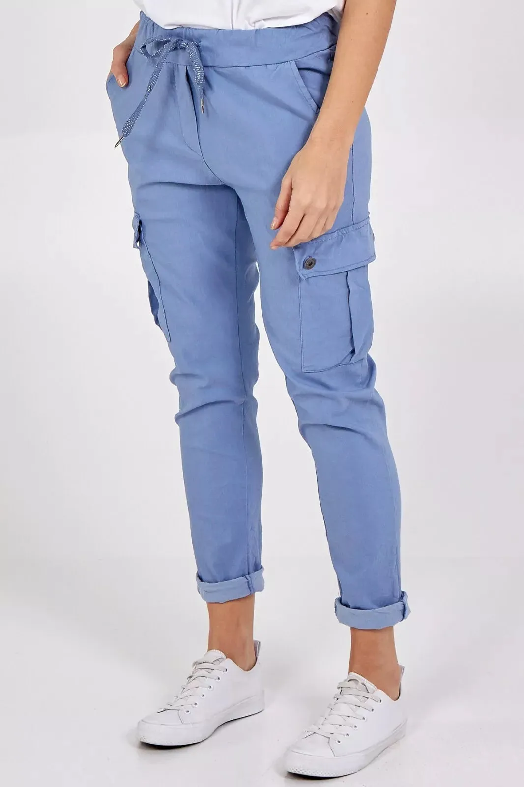 Ladies Magic Super Stretch Cargo Trousers Joggers Womens Plain Pocket Pant