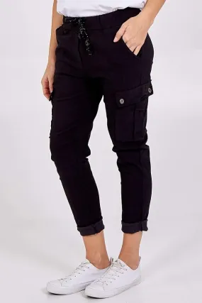 Ladies Magic Super Stretch Cargo Trousers Joggers Womens Plain Pocket Pant