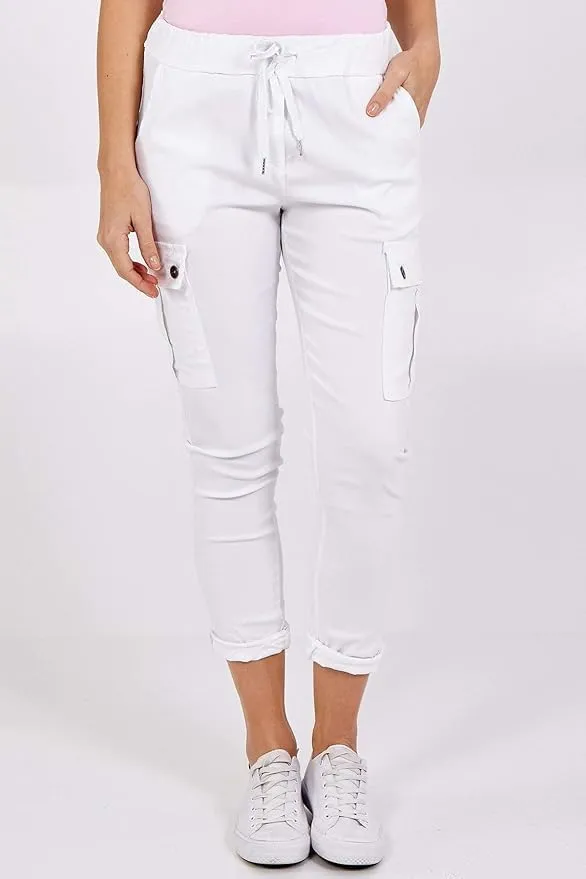 Ladies Magic Super Stretch Cargo Trousers Joggers Womens Plain Pocket Pant