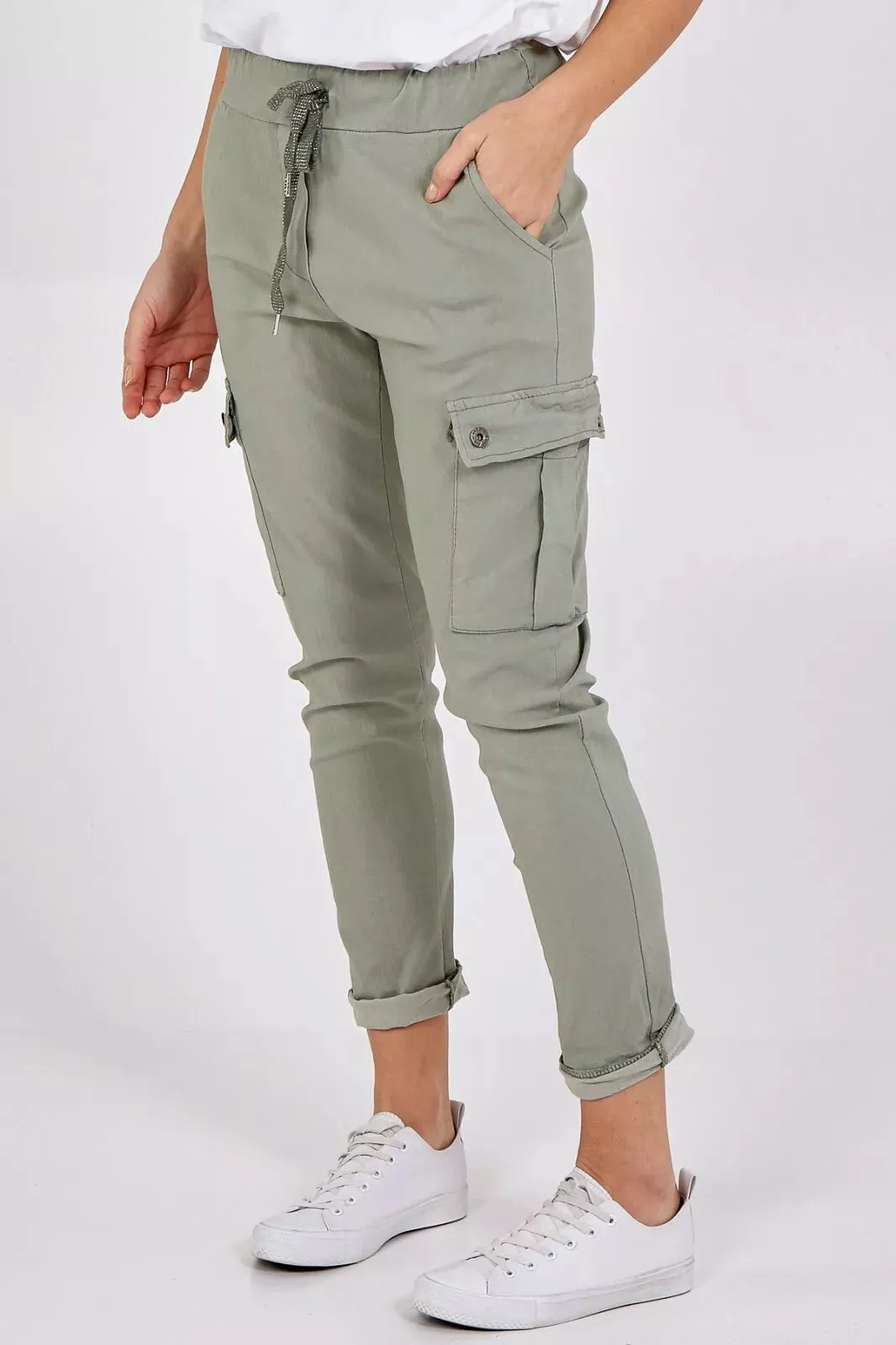 Ladies Magic Super Stretch Cargo Trousers Joggers Womens Plain Pocket Pant