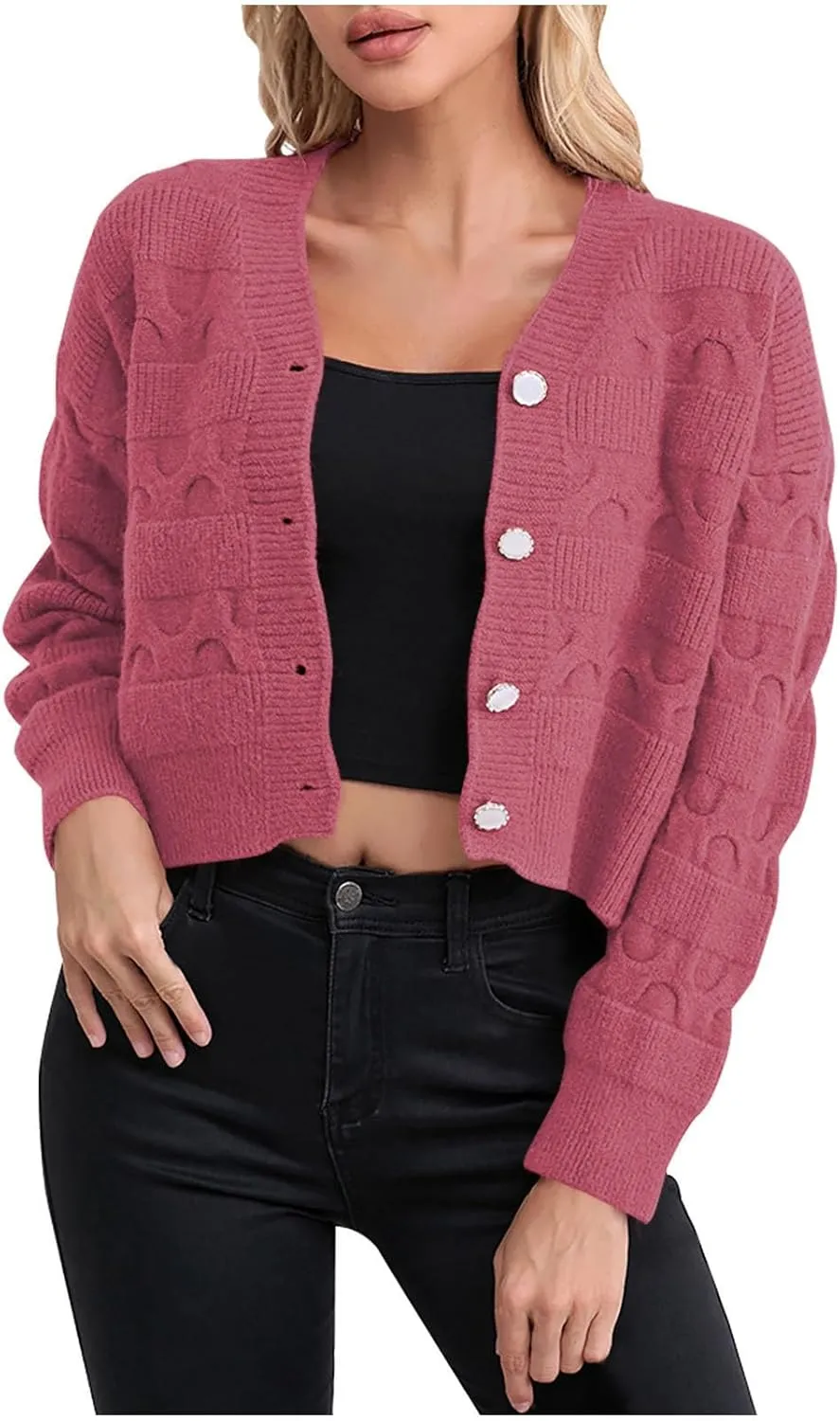 Lastesso Cardigan for Women Cropped Long Sleeve Lightweight Fall Cardigans Soft Crochet Lounge Knitwear Cozy Button Sweater