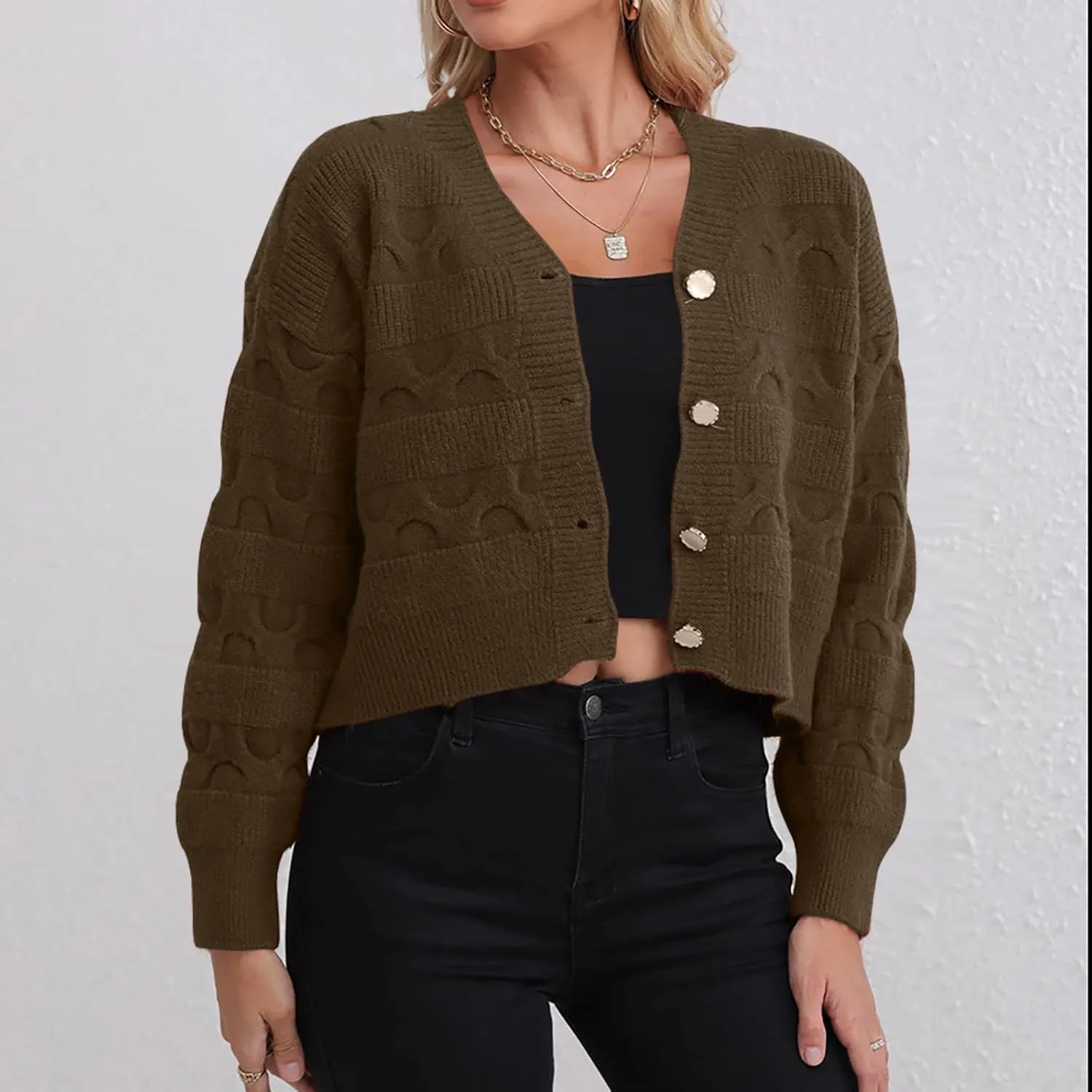 Lastesso Cardigan for Women Cropped Long Sleeve Lightweight Fall Cardigans Soft Crochet Lounge Knitwear Cozy Button Sweater
