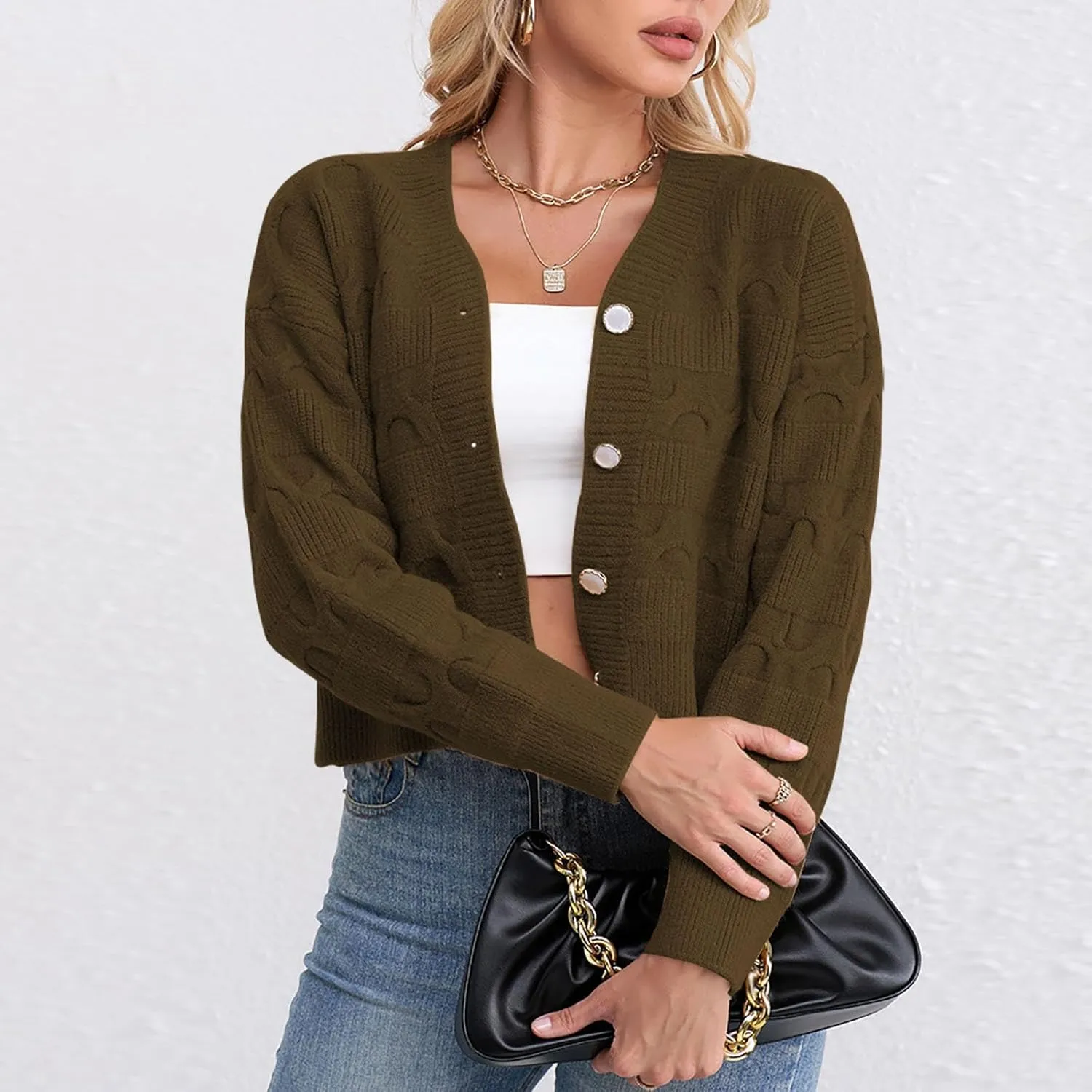Lastesso Cardigan for Women Cropped Long Sleeve Lightweight Fall Cardigans Soft Crochet Lounge Knitwear Cozy Button Sweater