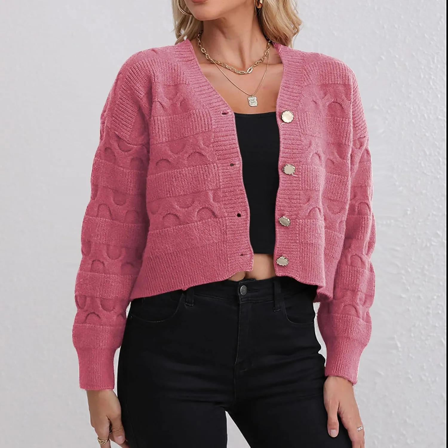 Lastesso Cardigan for Women Cropped Long Sleeve Lightweight Fall Cardigans Soft Crochet Lounge Knitwear Cozy Button Sweater