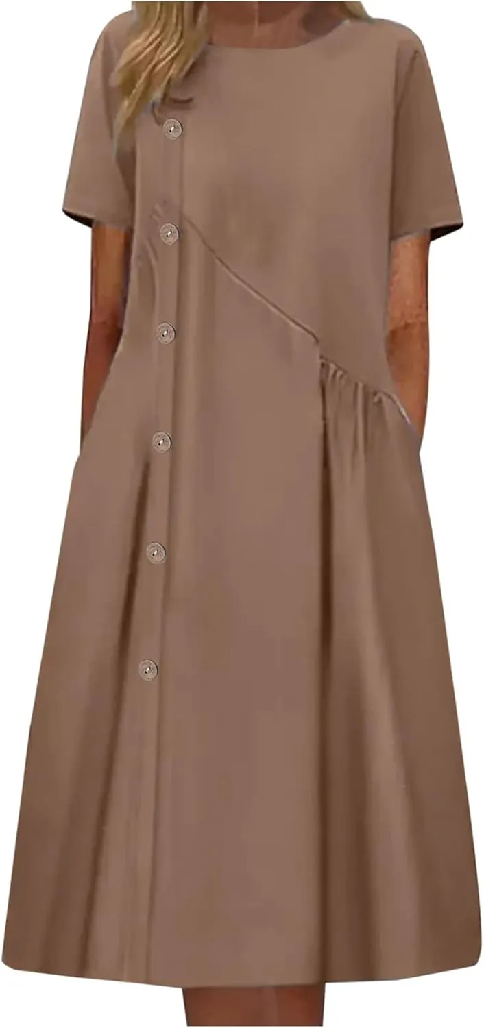 LEMONONSTORE Short Sleeve Summer Dress Women Button Asymmetric Pleated A Line Dresses Casual Beach Midi Dress with Pockets
