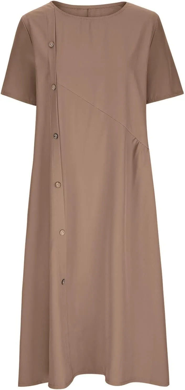 LEMONONSTORE Short Sleeve Summer Dress Women Button Asymmetric Pleated A Line Dresses Casual Beach Midi Dress with Pockets