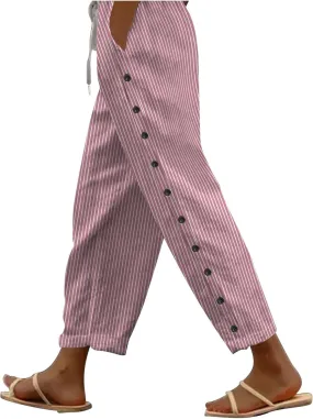 Linen Capris for Women Lightweight Summer Pants Drawstring Elastic Waisted Vacation Beach Linen Pants Casual Travel Trousers