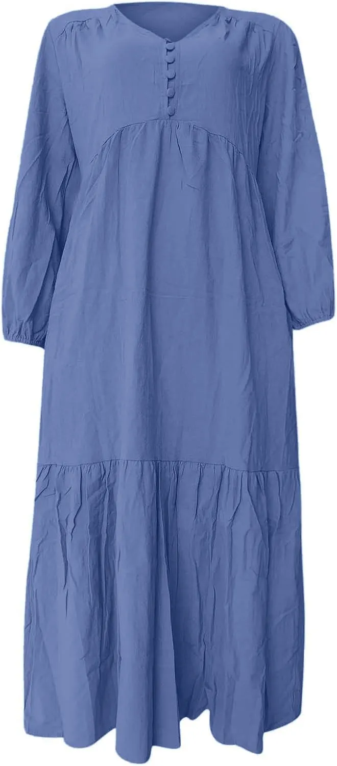 Linen Maxi Dresses for Women 2025 Summer Casual Long Sleeve V-Neck Tiered Ruffle Dress Plus Size Flowy Cocktail Dress