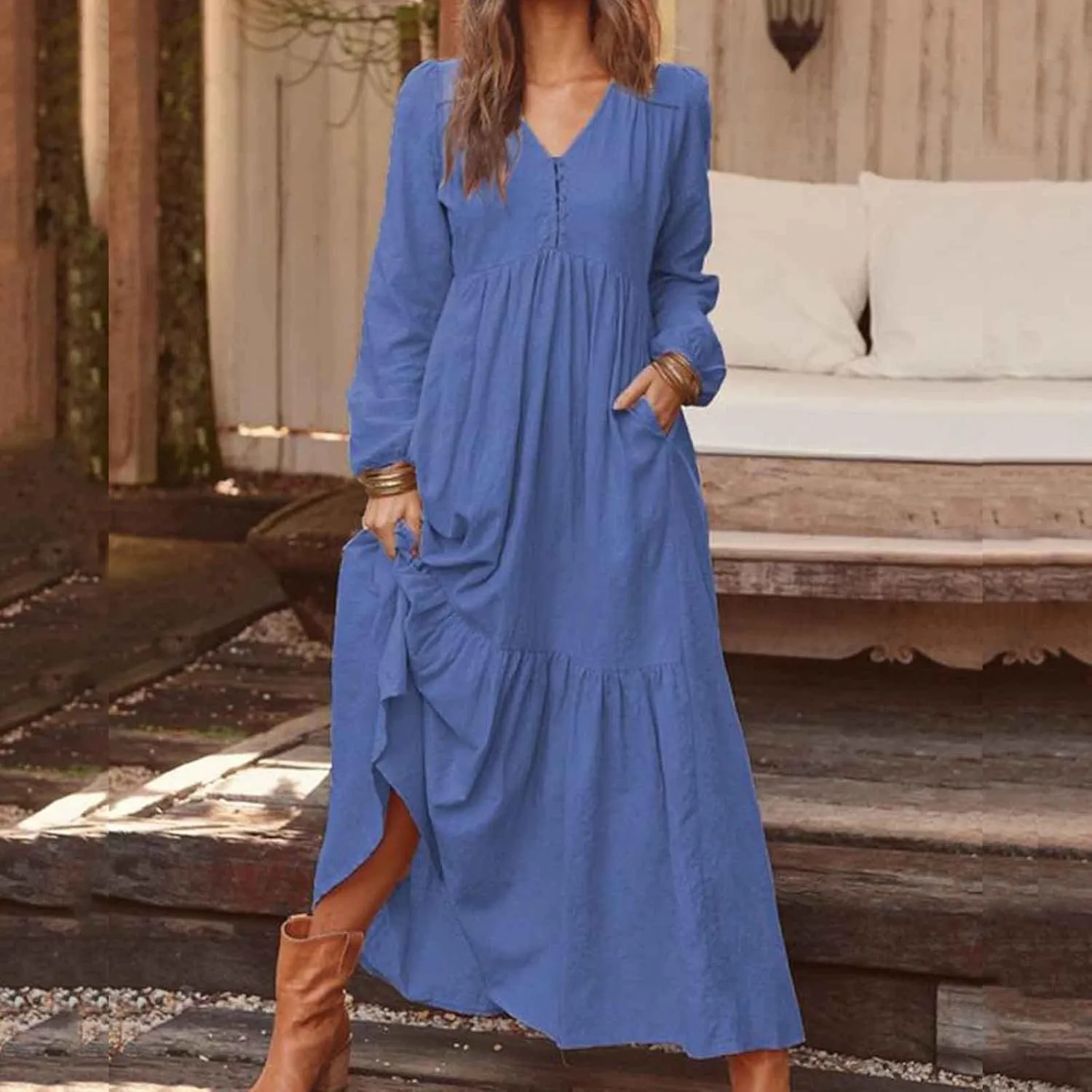 Linen Maxi Dresses for Women 2025 Summer Casual Long Sleeve V-Neck Tiered Ruffle Dress Plus Size Flowy Cocktail Dress