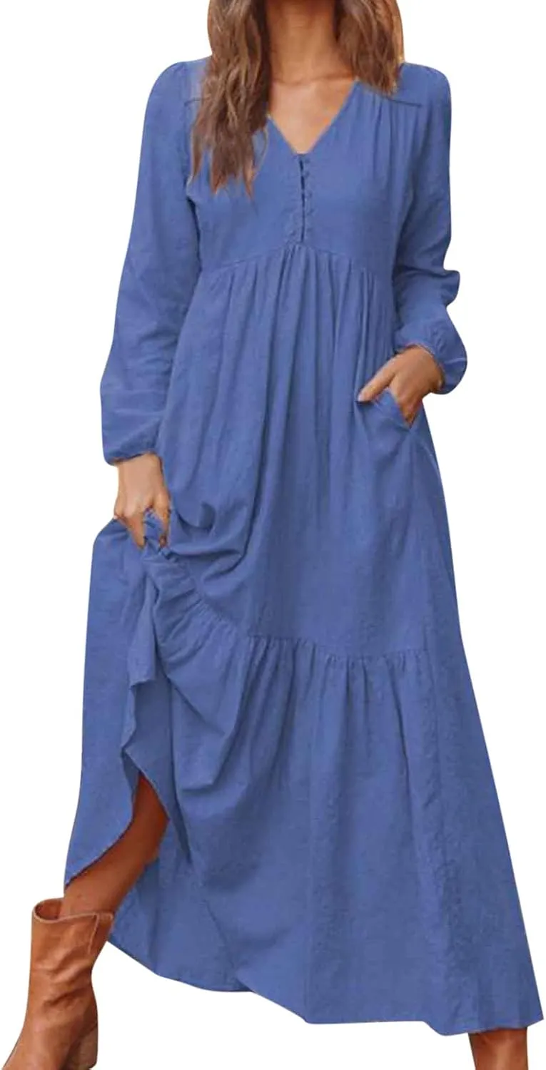 Linen Maxi Dresses for Women 2025 Summer Casual Long Sleeve V-Neck Tiered Ruffle Dress Plus Size Flowy Cocktail Dress