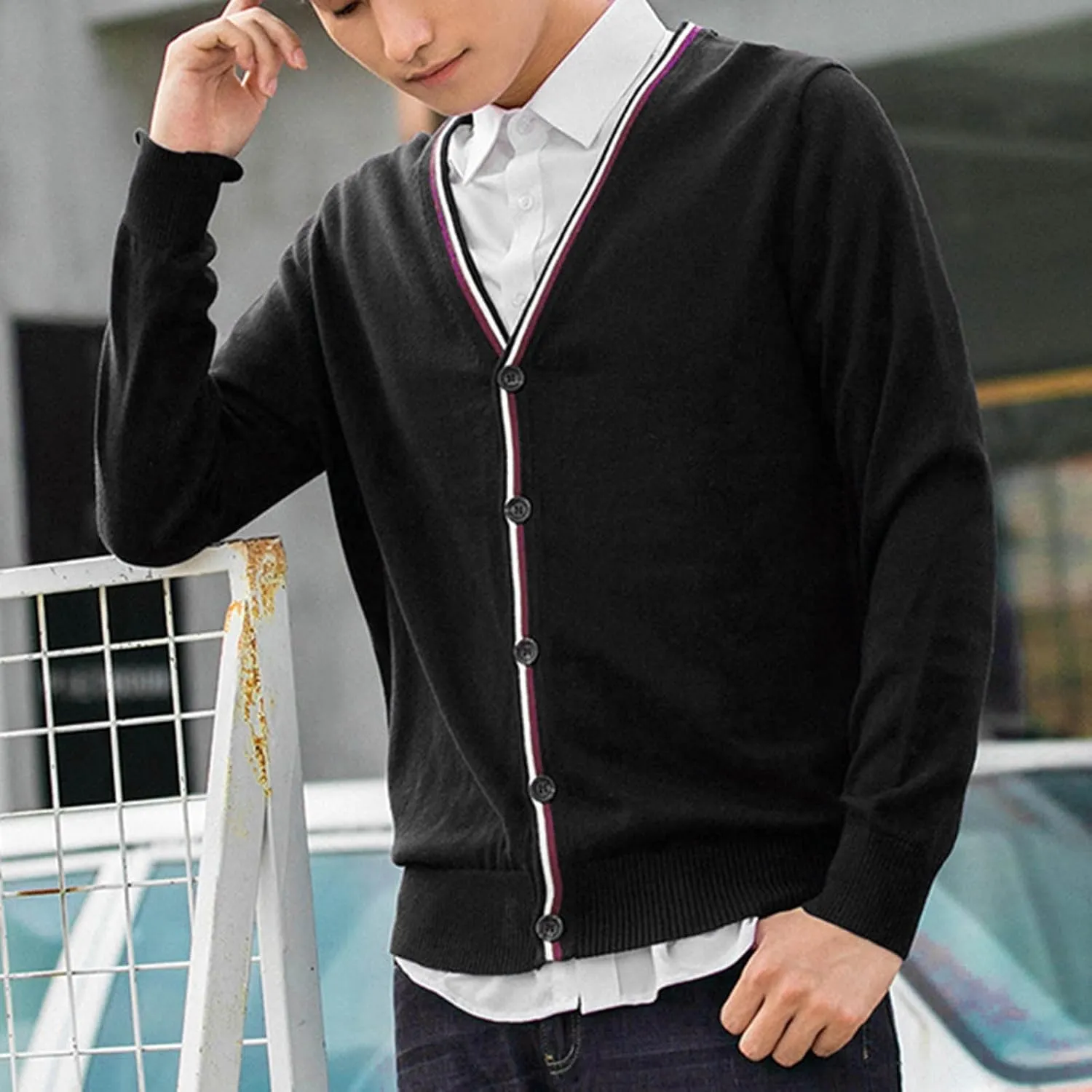 Mens Button Down Long Sleeve Shirt Knit V Neck Cardigan Botton Down Slim Autumn Tops College Students Outfits
