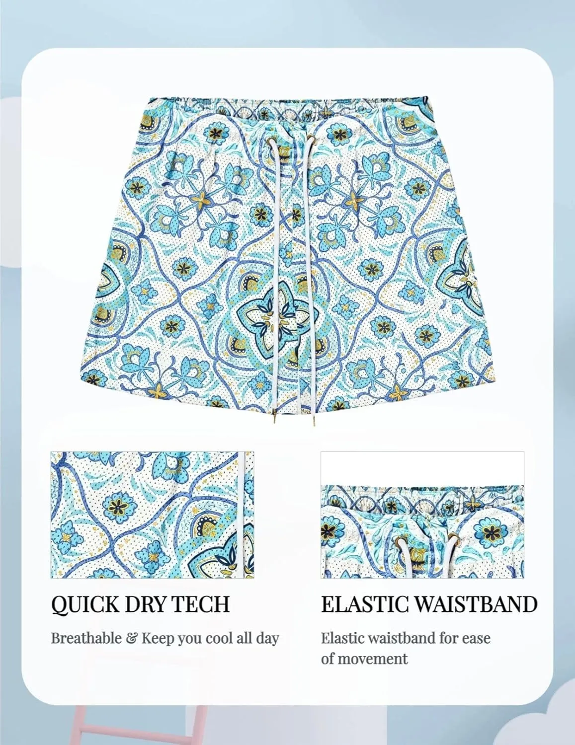 Men's Floral Basketball Shorts 4" Inseam - Lightweight Quick Dry Gym Shorts with Drawstring for Running, Workout & Casual