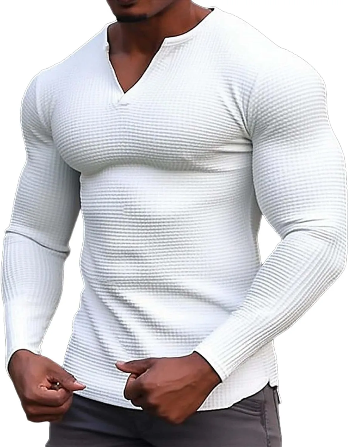 Men's Muscle Shirt Plus Size Casual Long Sleeve V Neck Waffle T Shirts Breathable Light Athletic Gym Workout Tee Top
