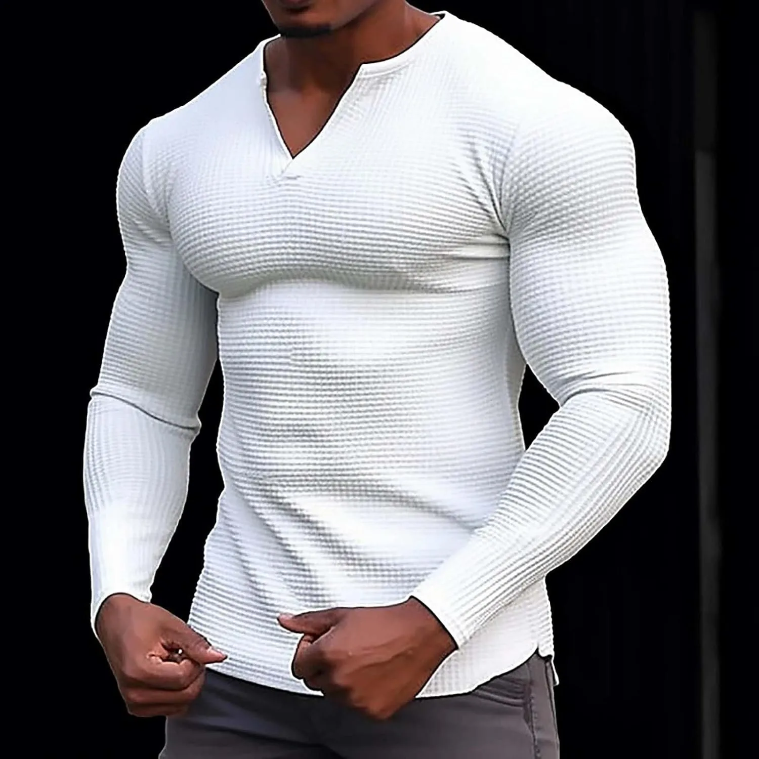 Men's Muscle Shirt Plus Size Casual Long Sleeve V Neck Waffle T Shirts Breathable Light Athletic Gym Workout Tee Top