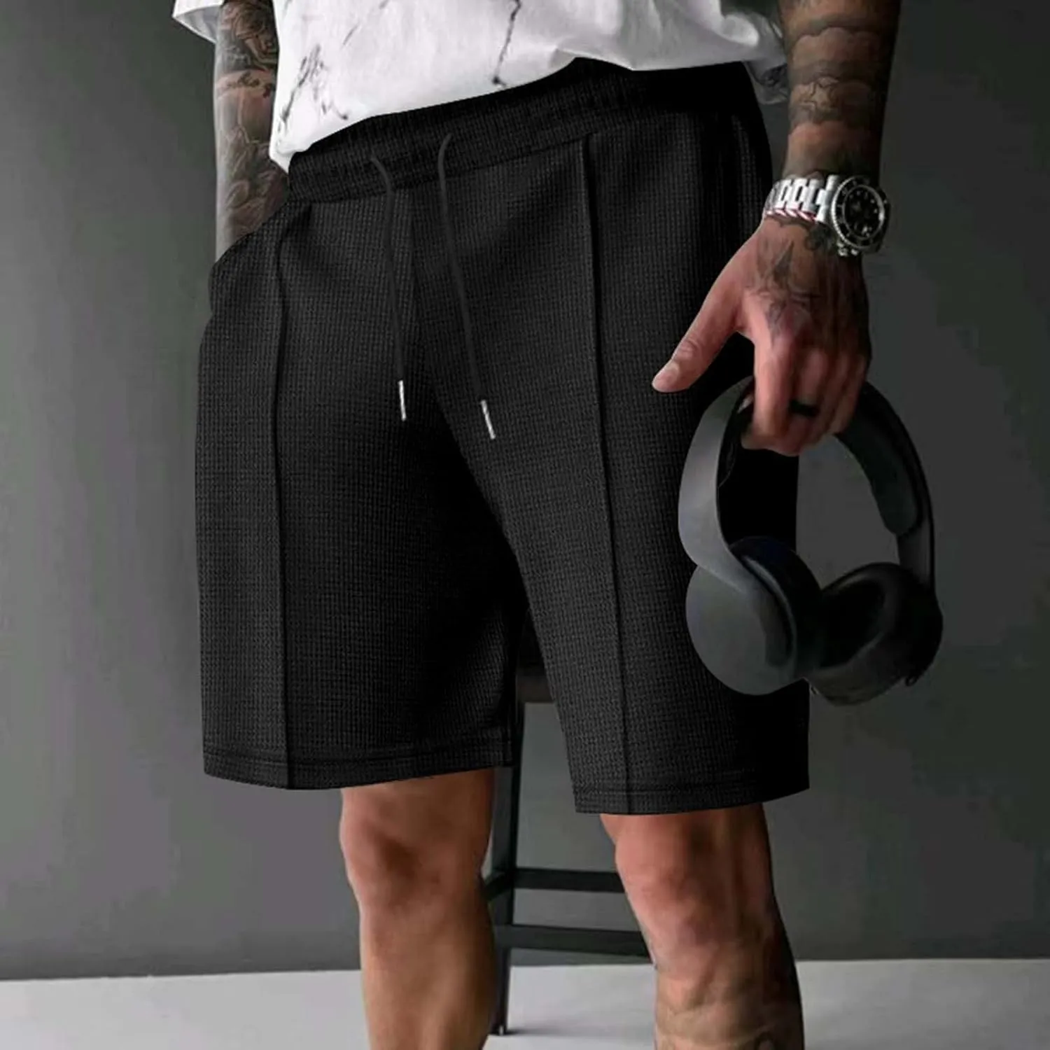 Mens Outdoor Fashion Shorts Waffle Casual Summer Wide Leg Bermuda Shorts with Pockets Elastic Waist Casual Loose Sweat Shorts