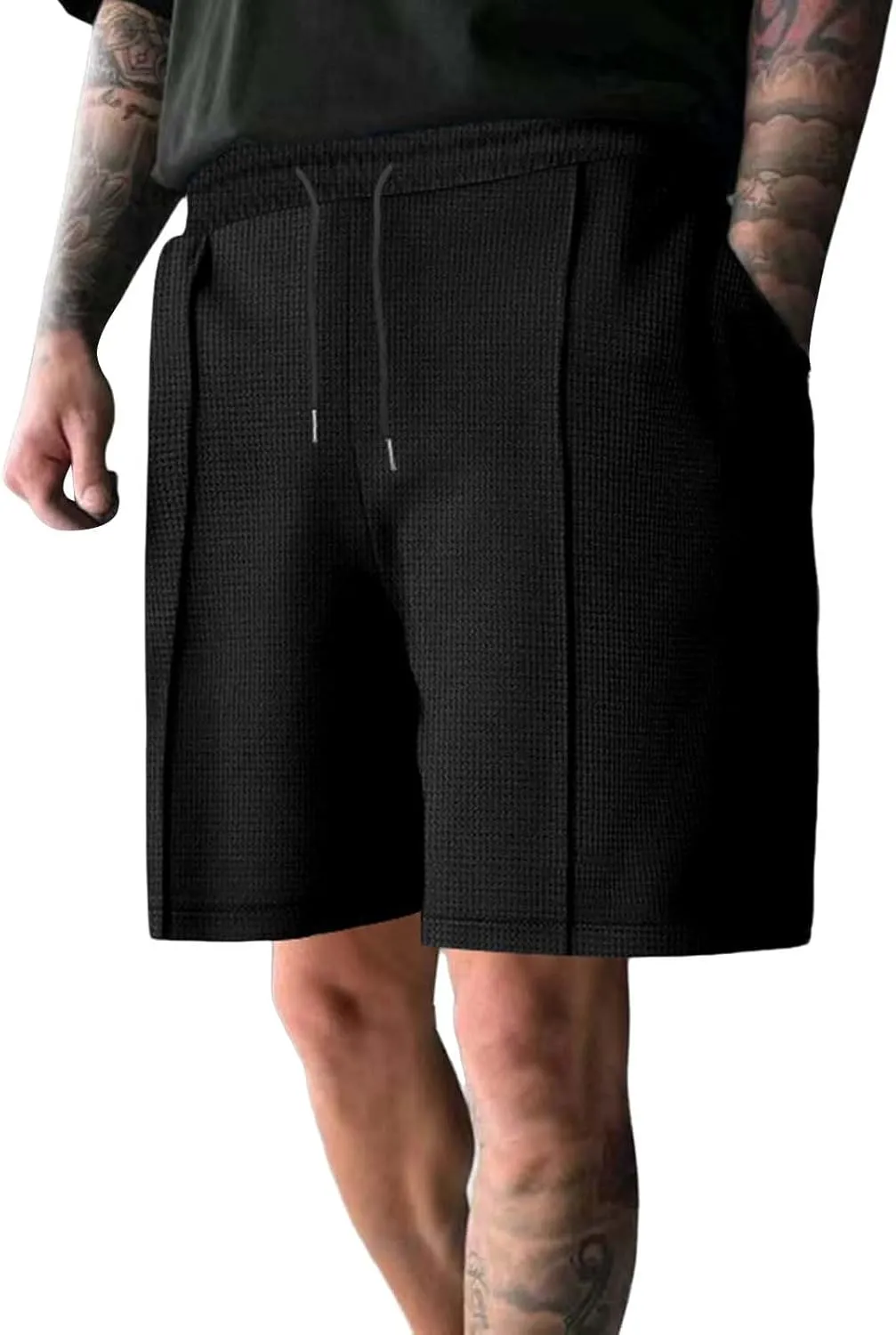 Mens Outdoor Fashion Shorts Waffle Casual Summer Wide Leg Bermuda Shorts with Pockets Elastic Waist Casual Loose Sweat Shorts