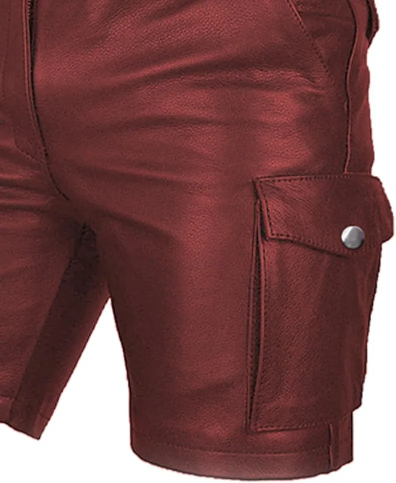 Men's Real Leather Belted Cargo Shorts Club Wear Shorts Casual Shorts with Pockets