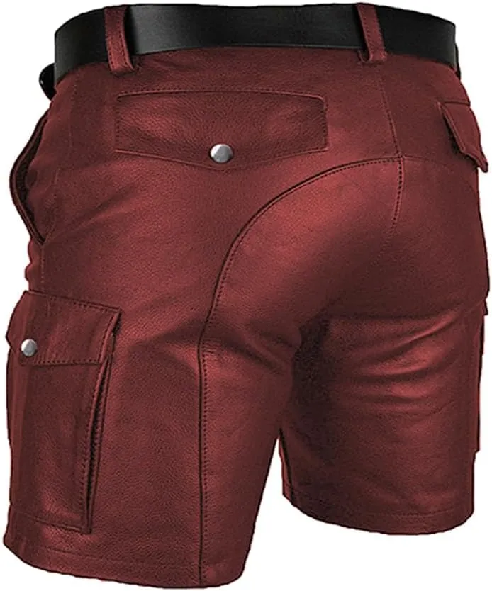Men's Real Leather Belted Cargo Shorts Club Wear Shorts Casual Shorts with Pockets