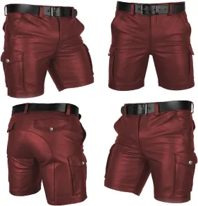 Men's Real Leather Belted Cargo Shorts Club Wear Shorts Casual Shorts with Pockets