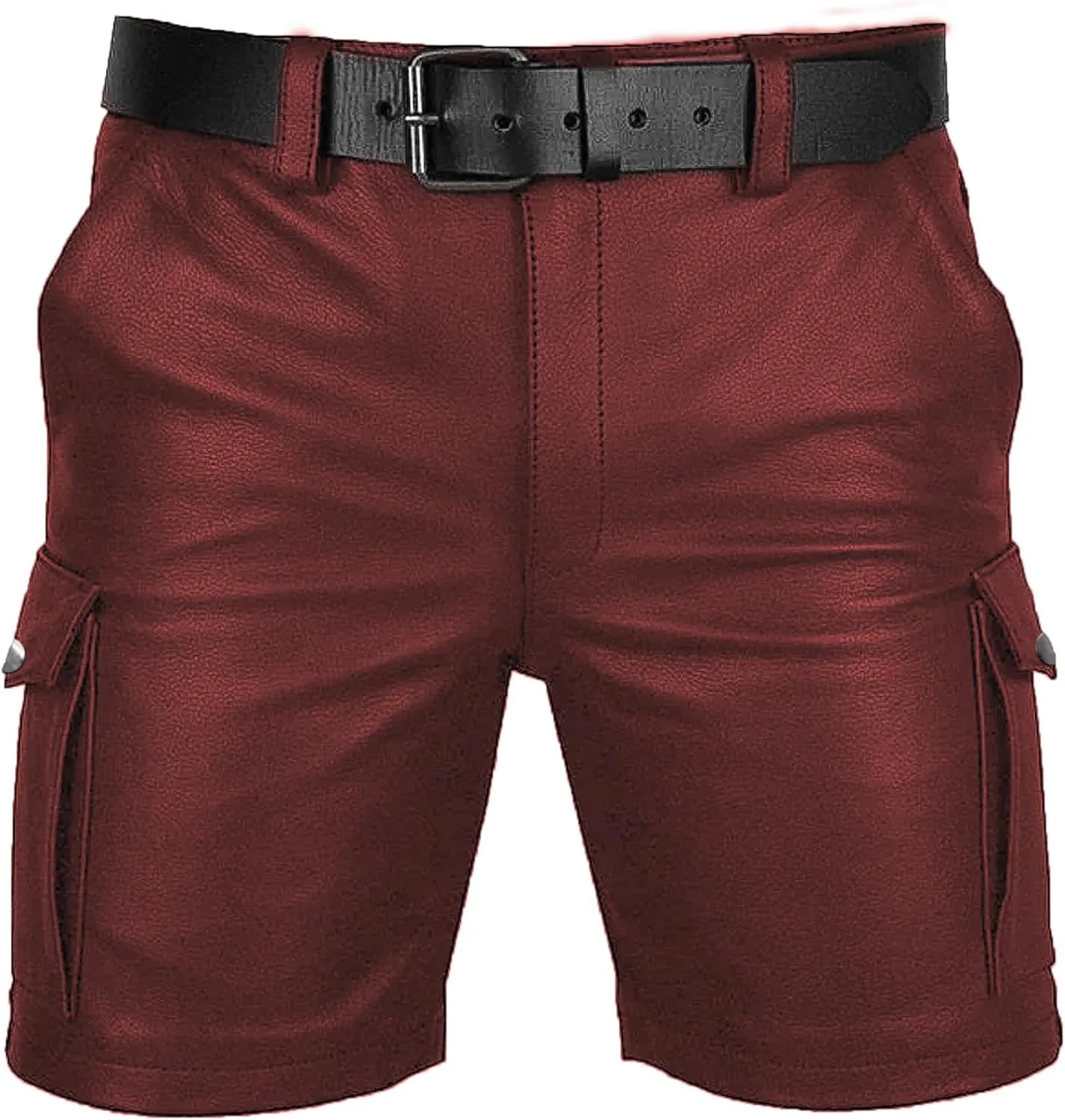 Men's Real Leather Belted Cargo Shorts Club Wear Shorts Casual Shorts with Pockets