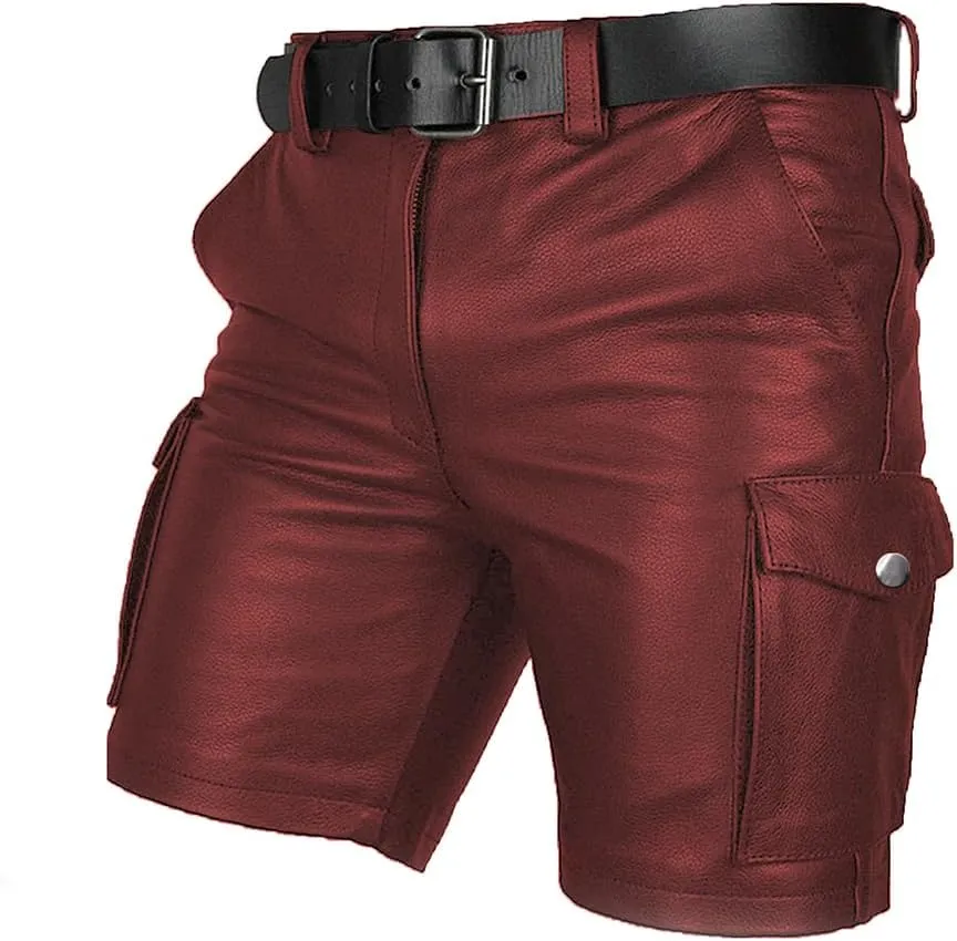 Men's Real Leather Belted Cargo Shorts Club Wear Shorts Casual Shorts with Pockets